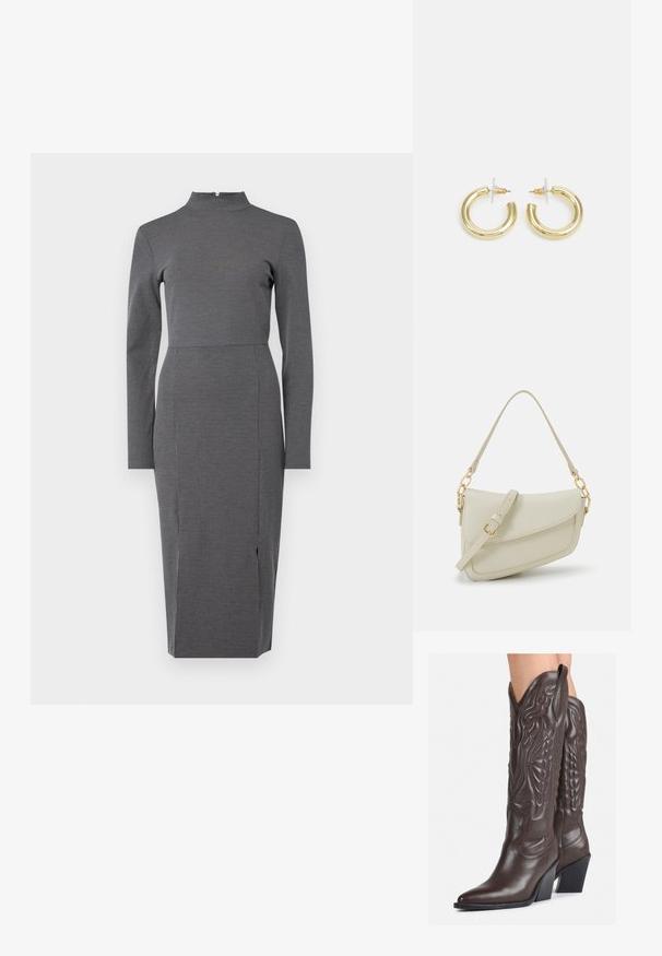 Pelēks, garām piedurknēm, augsta kakla kleita ar pieguļošu piedevu un šķēlumu apakšmalā, ar smagu svītru rakstu.; Brūni ādas kovboju zābaki ar norādītu purngalu un blokveida papēdi, ar detalizētu šūšanu un paceltiem akcentiem uz kājas daļas.; Maza krēmkrāsas rokas soma ar teksturētu apdari, garu regulējamu siksniņu, ķēdes akcentu un vāciņa aizdari. Zelta aparatūras detaļas.; Zelta auskari ar gludu, spīdīgu apdari. Apaļš dizains, kas ietver mazu tapu un caurspīdīgu pamatni drošai valkāšanai.