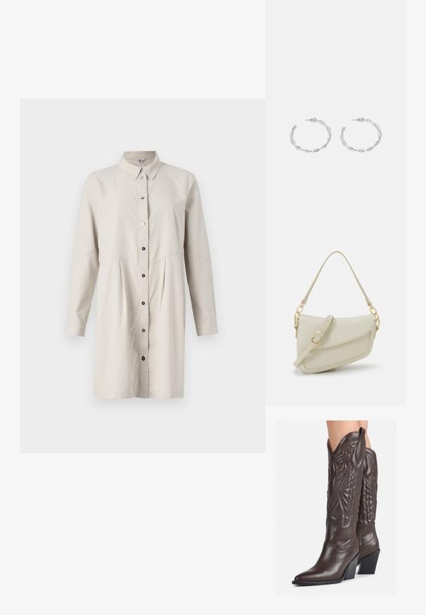 Abito button-up color beige chiaro con colletto, maniche lunghe e vita plissettata. Presenta bottoni neri lungo la parte frontale per la chiusura.; Stivali da cowboy in pelle marrone con punta affusolata e tacco a blocco, caratterizzati da dettagliati ricami e accenti rialzati sul gambale.; Piccola borsa a tracolla crema con finitura testurizzata, una lunga tracolla regolabile, un accento a catena e chiusura a patta. Dettagli in hardware dorato.; Orecchini a cerchio in argento con un design torciglionato, caratterizzati da una finitura lucida e chiusura a perno. Misurano circa 3 cm di diametro.