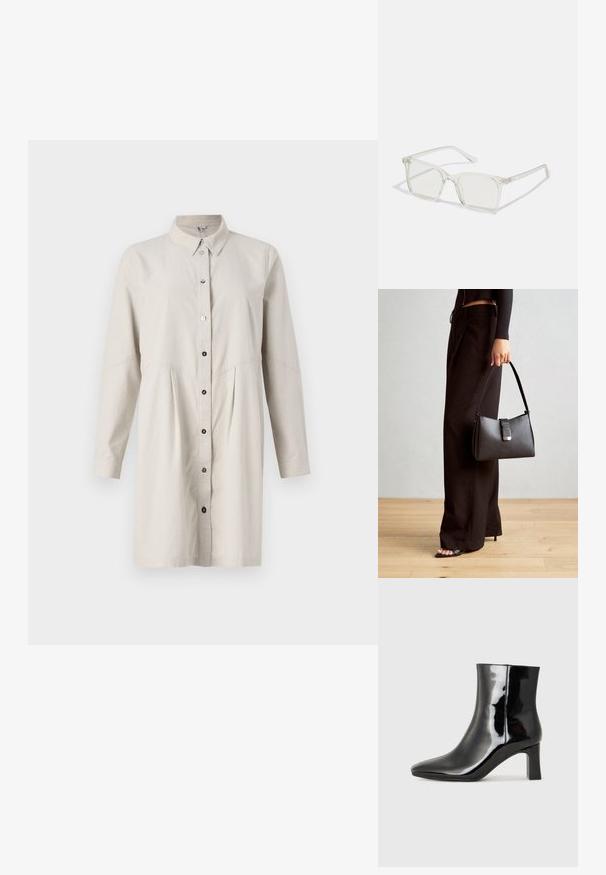 Rochie bej deschis cu nasturi, cu guler, mâneci lungi și talie plisată. Are nasturi negri pe față pentru închidere.; Botine negre din piele lacuită, cu vârful ascuțit și toc bloc de înălțime medie. Textură netedă și design minimalist.; Ochelari de vedere cu rame pătrate din plastic transparent, dotate cu lentile translucide și accente aurii pe temple pentru un detaliu suplimentar.; Genți negre cu o formă structurată, textură netedă și un închizător metalic. Asortată cu pantaloni negri largi și sandale cu vârf deschis pe un podea din lemn.
