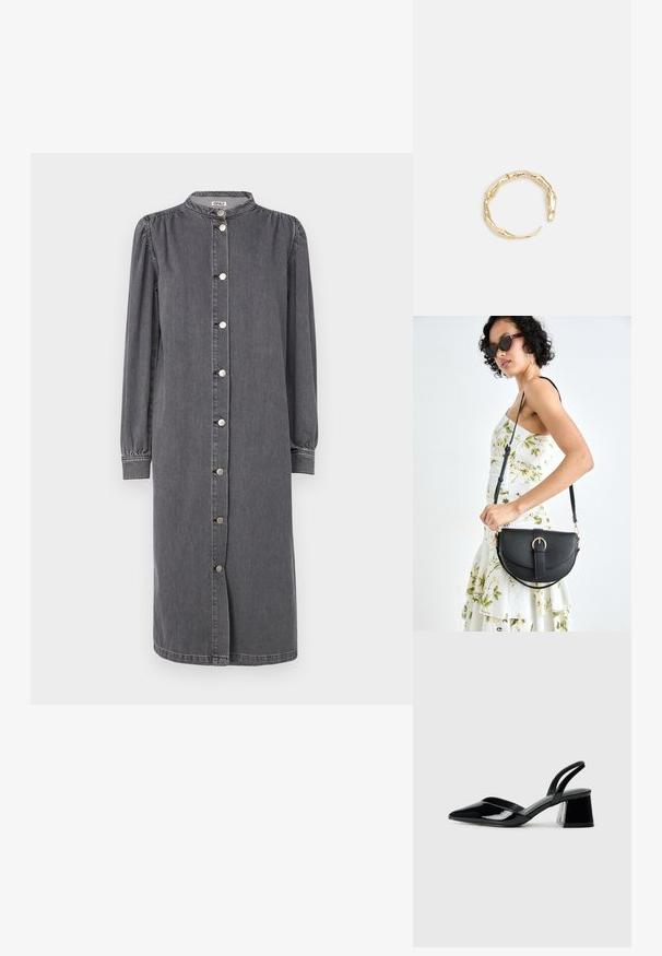 Garā piedurkņu, pogājama kleita, kas izgatavota no pelēka denima. Iekļauj stāvošu apkakli, sānu atvērumus un pūkainas piedurknes ar elastīgām aprocēm.; Melna lakota āda ar atvērto papēdi, ar smailu purngalu un ģeometrisku blokpapēdi. Iezīmējas elegants, minimāls dizains un gluda tekstūra.; Melnas ādas rokassoma ar izliekta formu, noņemamu siksnu un zelta aksesuāriem. Somai ir vāciņš ar sprādzes detaļu.; Zelta toņa gredzens ar organisku, vērptu dizainu, gludu virsmu un sašaurinātiem galiem, radot mūsdienīgu, skulpturālu izskatu.