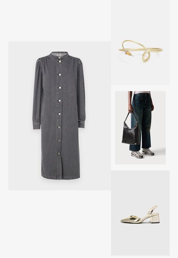 Pitkähihainen, napilla suljettava mekko, joka on valmistettu harmaasta denimestä. Siinä on pystykaulus, sivuviillot ja puffihihat joustavilla hihansuilla.; Kultaiset, metalliset slingback-kengät, joissa on teräväkärkiset ja paksut korot. Sileä pinta, minimalistinen muotoilu ja kapea hihna.; Musta nahkainen olkalaukku, jossa on sileä pinta ja säädettävä hihna, yhdistettynä haalistuneisiin leveälahkeisiin farkkuihin ja urheilukenkien kanssa.; Kultainen metallinen ranneketju, jossa on sulava ja kaareva muotoilu. Yhdessä päässä on pieni, hallitseva hopeanvärinen korostus.