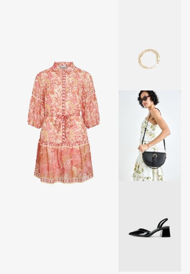 Permatomas rožinis paisley suknelė su trijų ketvirčių rankovėmis, sagčių priekyje, juosmens juosta ir sluoksniuota sijonė su raštuoto apvadu.; Juodos lakuotos odinės šlepetės su smailiu pirštu ir geometriniu bloko kulnu. Turi elegantišką, minimalistinį dizainą ir lygų paviršių.; Juodas odinis krepšys su išlenkta forma, nuimamu dirželiu ir auksiniais detalėmis. Krepšys turi kilpą su sagtimi.; Auksinės spalvos žiedas, turintis organišką, sukimosi dizainą su lygiu paviršiumi ir siaurėjančiais galais, sukuriantis modernią skulptūrinę išvaizdą.