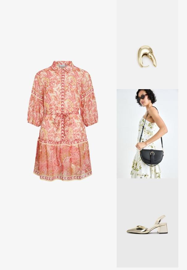 Przezroczysta różowa sukienka w wzór paisley z rękawami do trzech czwarte, z przodu na guziki, z paskiem w talii i warstwową spódnicą z wzorzystym wykończeniem.; Złote, metaliczne szpilki z boku z wydłużonym noskiem i grubym obcasem. Gładka faktura, minimalistyczny design i wąski pasek.; Czarna skórzana torebka o zakrzywionym kształcie, z odpinanym paskiem i złotymi akcentami. Torebka posiada klapę z zapięciem w kształcie klamry.; Złote metalowe kolczyki o eleganckim, zakrzywionym kształcie. Posiadają charakterystyczny szpiczasty kształt, polerowaną powierzchnię oraz zapięcie na zawias.