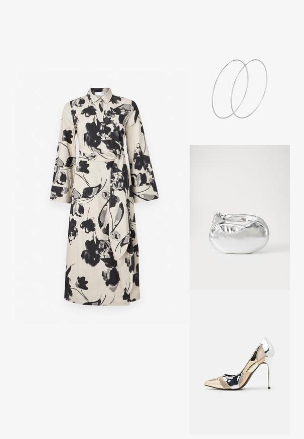 Abito camicia floreale in tessuto beige, caratterizzato da stampe floreali nere, maniche lunghe, colletto e una vita legata per una silhouette definita.; Scarpa con tacco alto a punta, con una combinazione di colori argento, oro e nudo. Finitura lucida con design a ritaglio, con tacco a stiletto.; Borsa a pochette metallica argentea con una forma morbida e arrotondata e chiusura superiore annodata. Realizzata in materiale sintetico morbido.; Orecchini a cerchio in argento con un design minimalista. Forma circolare, superficie liscia e profilo sottile. Leggeri con una finitura lucida.