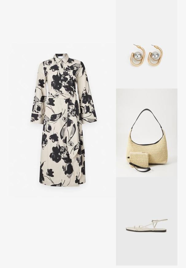 Beige színű virágmintás ingruha, fekete virágmintákkal, hosszú ujjakkal, gallérral és megkötött derékkal a hangsúlyos alak érdekében.; Beige lapos szandál, amelyet több vékony pánt díszít, és állítható csattal rendelkezik. A talpa lapos, az élein enyhe sötét kontraszttal.; Fonott szalmakézi táska ívelt sziluettel, sima fekete bőrszíjjal és egy hozzá illő, csuklószíjjal rögzített kis tasakkal.; Arany színű fülbevalók ívelt, gyűrűszerű dizájnnal, amelyen egy kiemelkedő ezüst gömbös dísz található. Fényes fémfelület, tűs záródás.