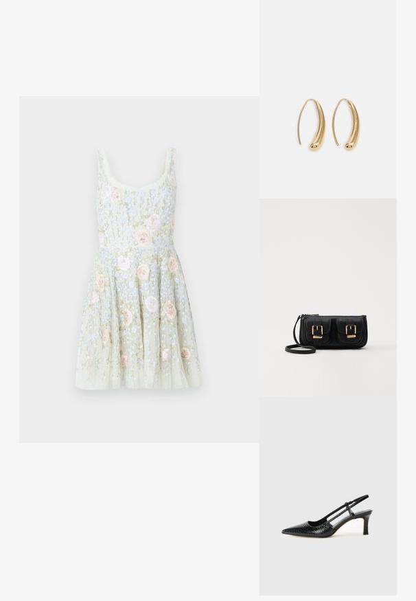 Vestido corto floral en verde pálido con rosas rosas bordadas y flores azules. Presenta un corpiño ajustado y falda acampanada.; Tacón slingback negro de charol con punta afilada, que presenta un estampado de serpiente texturizado, correa ajustable y un tacón bloque corto y texturizado.; Bolso cruzado de cuero negro con dos bolsillos frontales, hebillas doradas, cierre de cremallera y una correa delgada. Superficie texturizada y forma rectangular compacta.; Pendientes de aro de metal en tono dorado con una forma curva y alargada. Presentan una superficie lisa y brillante y una punta redondeada para mayor detalle.
