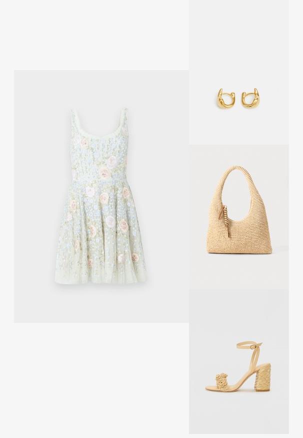 Lühike lilleline kleit kahvaturohelises toonis, millel on tikitud roosad roosid ja sinised õied. Omaduseks on liibuv ülakeha ja kellukas seelik.; Beez kõrge kontsaga sandaalid, millel on punutud tekstuur, dekoratiivne lilleke ja pahkluu rihm. Ruudukujuline konts tagab stabiilsuse.; Kootud beež käsipakiga kott, millel on kumer käepide, tekstuuriga pind ja pruun tassi detail. Omab vabalt laskevat, hobo stiilis kuju.; Kuldsete rõngaste kõrvarõngad, millel on sile, ümar disain ja poleeritud pind. Kõrvarõngad on kompaktsed, suurte vormide ja sujuva klambriga.