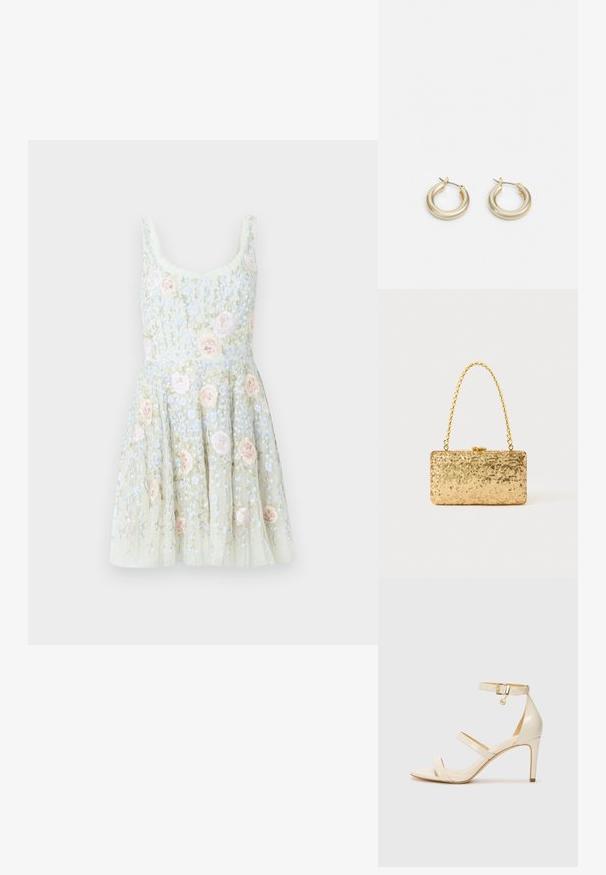 Kurzes Blumenkleid in blassem Grün mit bestickten rosa Rosen und blauen Blumen. Verfügt über einen taillierten Oberkörper und einen ausgestellten Rock.; Beige High Heels Sandalen mit dünnem Knöchelriemen und zwei oberen Riemen. Glänzende Lackoberfläche und goldene Hardware-Details am Knöchelriemen.; Goldene Pailletten-Clutch mit rechteckiger Form, ausgestattet mit einem gedrehten Kettenhenkel und einem Metallverschluss, der das Licht mit einer strukturierten Oberfläche reflektiert.; Lauren Ralph Lauren BASIC SMALL HOOP - Ohrringe - gold-coloured
