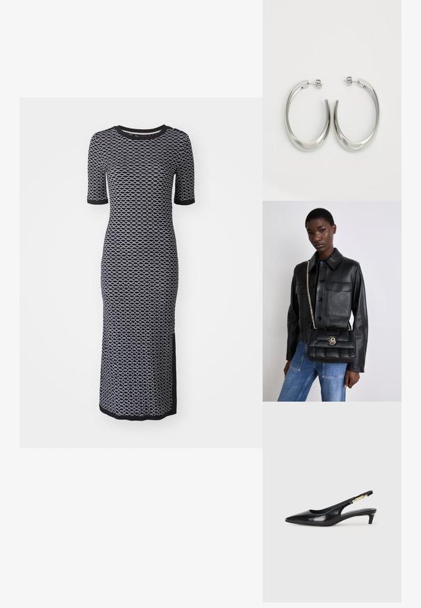 Rochie cu un model alb-negru, cu decolteu rotund, mâneci scurte, design ajustat și slip lateral, realizată dintr-un material texturat și elastic.; Sandale slingback din piele neagră cu vârf ascuțit, având un toc subțire și un accent de culoare aurie pe curea ajustabilă. Textură netedă.; Jachetă din piele neagră cu închidere cu nasturi și două buzunare frontale, asortată cu o geantă de mână neagră matlasată, care dispune de un închizător aurie și un brâu din lanț.; Cercei din argint, cu un design neted și curbat. Prezintă o finisare metalică strălucitoare și închidere cu stud. Fără modele sau accente vizibile.