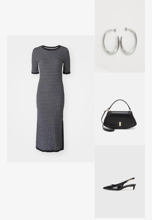 Kratka črna in bela obleka s krožnim izrezom, kratkimi rokavi, prilegajočim se stilom in stranskim razporkom, izdelana iz teksturiranega, razteznega materiala.; Črne usnjene sandale na peto z ostro konico, ki imajo tanko peto in zlat ton na nastavljivem traku. Gladka tekstura.; Črna usnjena torbica s strukturnim dizajnom, ki ima skrajšano obliko, zgornji ročaj in zlate dodatke. Vključena je nastavljiva ramenska naramnica.; Srebrni uhani v obliki obroča z gladkim, ukrivljenim oblikovanjem. Imajo sijajno kovinsko površino in zapiranje na žebljiček. Brez vidnih vzorcev ali dodatkov.