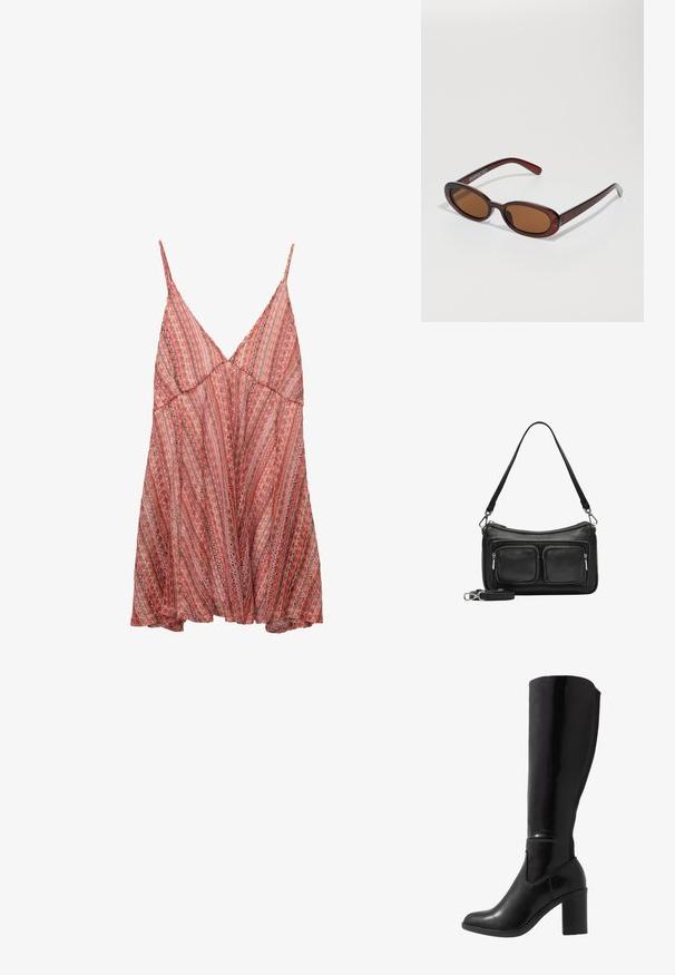 Vestito leggero con un motivo rosso e rosa, spalline regolabili, scollatura a V e un design ampio e fluido.; Stivali neri lucidi alti fino al ginocchio con punta arrotondata, texture liscia, dettaglio con taglio laterale e tacco spesso a blocco.; Occhiali da sole rotondi con tonalità marrone, montatura lucida color bordeaux. Aste sottili con un sottile dettaglio del marchio. Design delle lenti piatte.; Borsa a tracolla in pelle nera con due tasche anteriori con zip, una singola tracolla e accessori in argento. Texture liscia e design elegante.