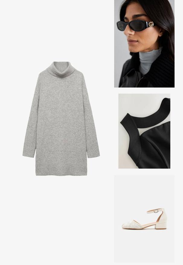 Pull à col roulé surdimensionné gris clair, fabriqué en tissu doux, avec un col côtelé et des manches longues, et un ourlet droit.; Haut sans manches noir avec de larges bretelles côtelées et une texture de tissu lisse, présentant des coutures contour pour un design ajusté.; Chaussure blanche à bride de cheville en dentelle avec un petit talon carré et un design à bout pointu. Doublure intérieure lisse, dessus en dentelle texturé et détail de boucle.; Lunettes de soleil noires avec une monture rectangulaire élégante et un accent logo doré sur le côté. Les verres sombres et la finition brillante sont proéminents.