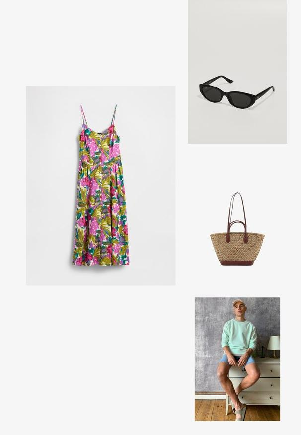Sømløs midi-kjole med tynde stropper, knaplukning foran og livlig blomsterprint i pink, grøn, teal og lilla på hvid baggrund.; Mintgrøn sweatshirt, denimshorts og olivengrønne slip-on sko. Sidder på et lyseget skab mod en struktureret grå væg.; Sorte solbriller med en smal, katteøjeform. Fremstillet af glat plast, med mørke linser og diskrete logo accenter på stængerne.; Vævet strå tote taske med flettet tekstur, mørkebrune læderhåndtag og bund, bred cirkulær form og åben topdesign.