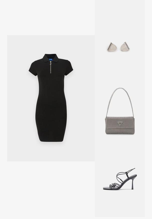 Fekete, testhezálló polo ruha, rövid ujjakkal, cipzáras részlet a nyaknál, sima anyagból készült, szabott sziluettel.; Fekete magas sarkú szandálok vékony pántokkal, csomózott mintával, sima négyzetes orral és karcsú stiletto sarkal rendelkeznek.; Világosszürke fémes kézitáska lánc pánttal, kis kör alakú fém kifinomult díszítéssel és háromszög alakú márkagéppel.; Ezüst fém fülbevalók sima, csepp alakú formával és fényes felülettel. Finom gravírozások teszik részletessé. Minimalista dizájn.