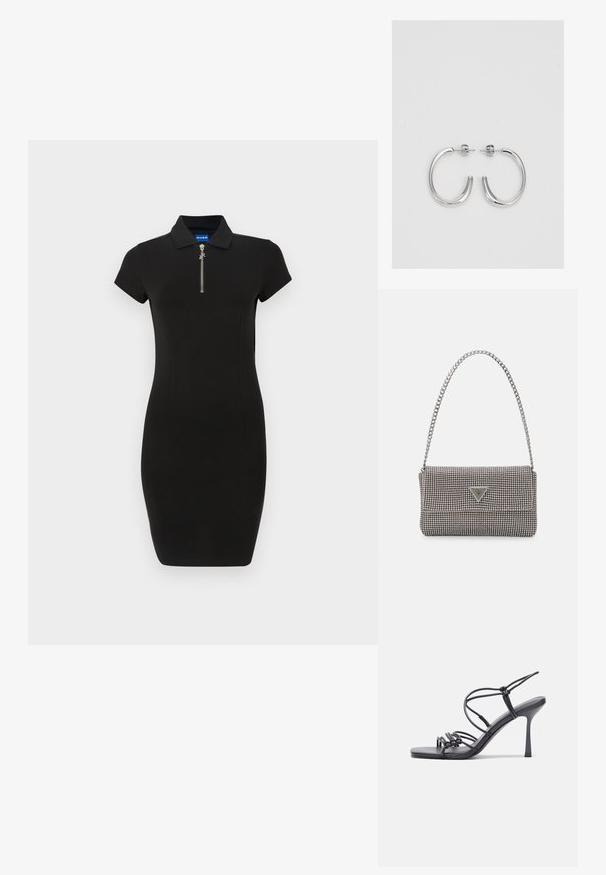 Musthave musta sobiv polo kleit, lühikesed varrukad, tõmbluku detail kaeluses, valmistatud siledast kangast, kohandatud siluett.; Mustad musta värvi kontsandaalid on varustatud peente rihmadega, millel on sõlmekujundus, siledad ruudukujulised varbad ja stiilne stilettokonts.; Helehall metallik handbags, millel on kett, kaunistatud väikeste ümmarguste metallist õmblustega ja kolmnurkse brändi logoga.; Hõbedased rõngaskõrvarõngad, millel on sile ja läikiv pind. Ümar kuju, kerge disain, millel on post-tagumise kinnituse süsteem.