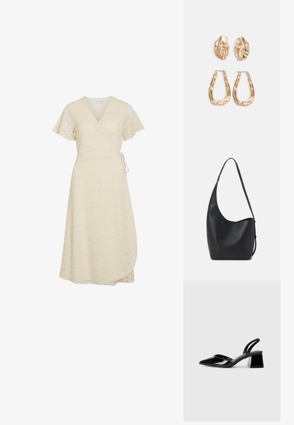 Rochie din dantelă crem cu mâneci scurte evazate, decolteu în V și închidere pe lateral cu un nod, lungime midi.; Pantofi cu toc slingback din piele lacuită neagră, cu vârf ascuțit și toc geometric. Prezintă un design elegant, minimalist și o textură netedă.; Geantă hobo din piele neagră, cu o textură netedă, formă curbată și un singur bretele ajustabil; are o deschidere largă în partea de sus.; Cercei aurii cu forme texturate și ondulate. Include studs sculpturale cu clip și un design de cerc deschis cu un finisaj cioplit.