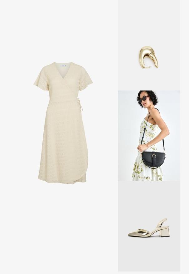 Kreemivärvi pitsist ümpärdund kleit lühikeste hõljuvate varrukatega, V-kaelusega ja külje sidumisega, midi pikkuses.; Kultaiset, metalliset slingback-kengät, joissa on teräväkärkiset ja paksut korot. Sileä pinta, minimalistinen muotoilu ja kapea hihna.; Musta nahkainen käsilaukku, joka on kaareva muotoilultaan, irrotettavalla hihnalla ja kultaisilla yksityiskohdilla. Laukussa on läppä, jossa on solk yksityiskohta.; Kultahipuinen korvakoru, jossa on sulavalinjainen, kaareva muotoilu. Ominaisuuksiin kuuluu erottuva terävä muoto, kiillotettu pinta ja sarana kiinnitys.