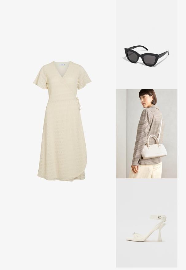 Vestido de renda creme com mangas curtas e leves, decote em V e fecho lateral, comprimento midi.; Sandal de salto alto com tiras em couro branco, com um design elegante, um salto bloco transparente e um elemento decorativo na ponta.; Óculos de sol cat-eye pretos com acabamento mate, apresentando lentes cinzentas, ângulos acentuados e hastes elegantes. Nome da marca visível na parte interna da haste.; Bolsa estruturada branca com alças curtas e uma alça de ombro, com detalhes em hardware dourado e material texturizado, exibida contra um fundo cinza.