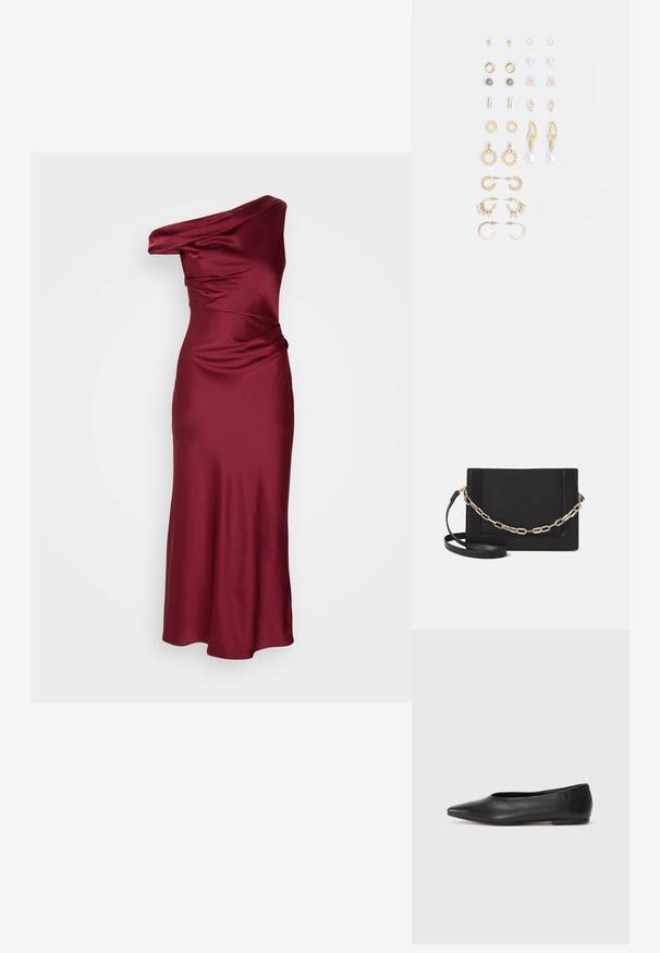Burgundské saténové šaty s designem bez ramínek, řaseným korzetem a siluetou do A, s hladkým povrchem a elegantním drapériem.; Černé kožené baleríny, špičatá špička, minimalistický design, hladký povrch, nízký podpatek, žádné viditelné kovové prvky nebo ozdoby.; Černá kožená crossbody taška s hladkým povrchem, obdélníkovým tvarem a kovovým řetízkem na přední straně. Součástí je nastavitelný popruh.; Sada náušnic ve zlatém tónu s různými designy, včetně pecek, kruhů a visacích kousků s perlami a rhinestony.