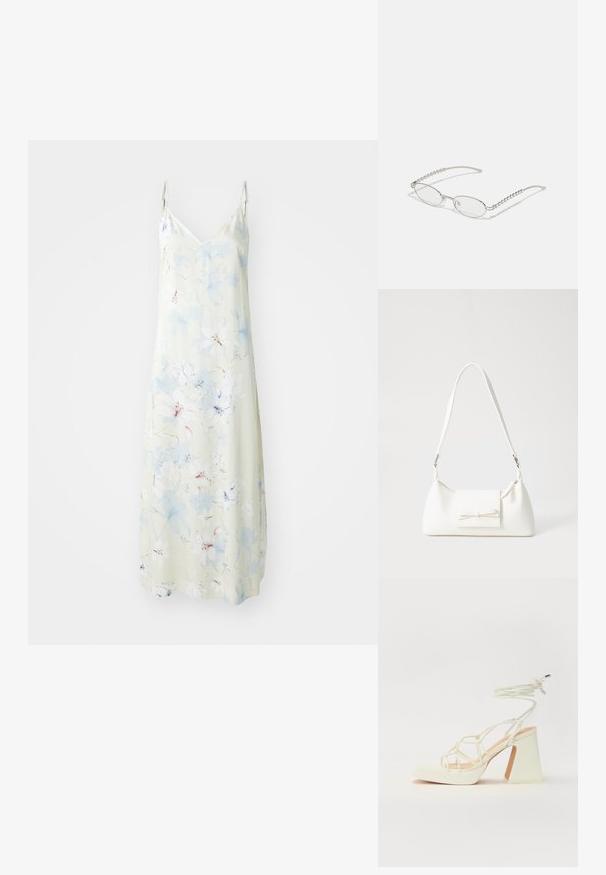 Lett blomstret kjole med en lys grønn bakgrunn, som har blå og hvite blomstermønstre, spagettistropper og en midtlengde design.; Hvit høyhælte sandal med kraftig hæl, med en stroppe-design og ankelbånd. Glatt tekstur med plattform foran for ekstra høyde.; Ovale briller med en metallic sølvramme, klare linser og teksturerte perleakkenter på bøyler. Lett design med buede armer.; Hvit syntetisk håndveske med trekantet form, flat klaff foran og sløyfe detaljer, justerbar stropp, glatt tekstur og minimalistisk design.