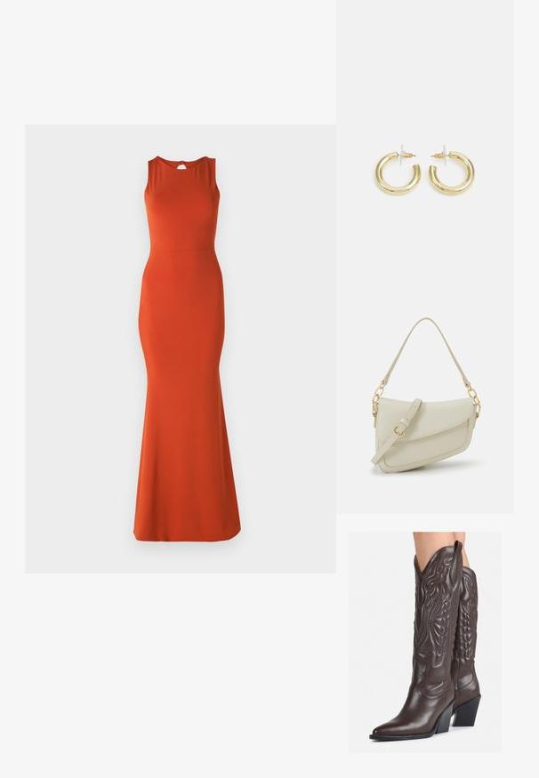 Rochie portocalie fără mâneci, cu o siluetă ajustată, tiv până la genunchi și detaliu cu fanta la spate. Fabricată dintr-un material neted și elastic.; Bocanci de cowboy din piele maro, cu vârf ascuțit și toc pătrat, având cusături detaliate și accente ridicate pe tijă.; Geantă mică de crem cu un finisaj texturat, curea lungă și ajustabilă, accent cu lanț și închidere cu clapetă. Detalii din hardware aurie.; Cercei cercuri din aur cu un finisaj neted și strălucitor. Design circular cu un mic suport și un spate transparent pentru o purtare sigură.