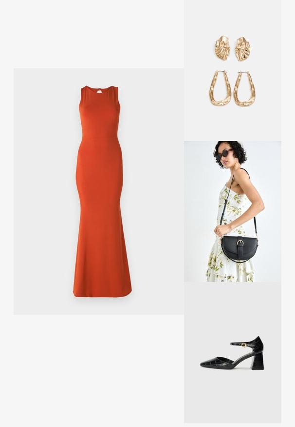 Oranž oblečenica brez rokavov s prilegajočo silhueto, dolžine do kolen in z detajlom odprtine na hrbtu. Narejena iz gladkega, raztegljivega materiala.; Črne patentne usnjene čevlje s visokimi petami, s koničastim nosom, trakcem okrog gležnja in teksturiranim kroko vzorcem. Oblikovanje kvadratne blokaste pete.; Črna usnjena torbica s ukrivljeno obliko, z odstranljivo naramnico in zlatimi dodatki. Torbica ima pokrov s podrobnostmi v obliki zaponke.; Zlato obarvani uhani z teksturiranimi, valovitimi oblikami. Vključujejo skulpturalne sponke za ušesa in odprto obliko obročka s kladivastim finišem.