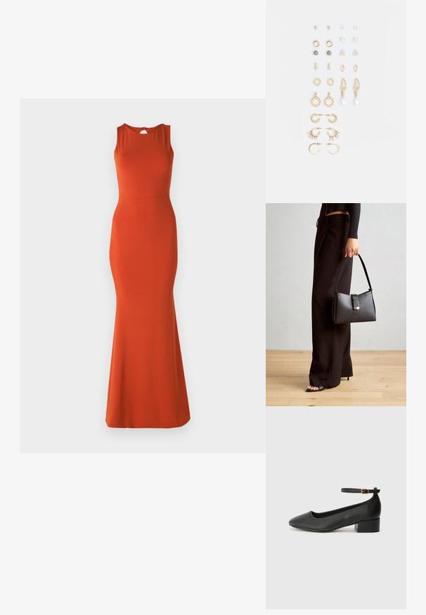 Rochie portocalie fără mâneci, cu o siluetă ajustată, tiv până la genunchi și detaliu cu fanta la spate. Fabricată dintr-un material neted și elastic.; Pantof cu toc negru din piele, cu vârf ascuțit și toc mic pătrat. Dispune de o curea la gleznă cu o cataramă în tonuri de aur. Textură netedă.; Genți negre cu o formă structurată, textură netedă și un închizător metalic. Asortată cu pantaloni negri largi și sandale cu vârf deschis pe un podea din lemn.; Set de cercei aurii, cu diverse designuri, inclusiv cercei tip stud, cercei hoop și cercei lungi cu perle și strassuri.