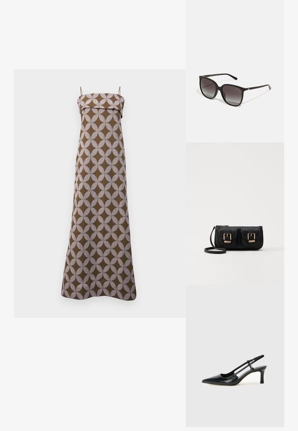 Dlouhé hnědé šaty s bílým kruhovým vzorem, tenké ramínka a rovný výstřih. Vyrobeno z lehkého materiálu, dlouhý design až na zem.; Černé lakované slingback podpatky s špičatou špičkou, zdobené texturovaným hadím vzorem, nastavovacím páskem a krátkým texturovaným blokovým podpatkem.; Černé obdélníkové sluneční brýle se zrcadlovými skly, plastový rám a kovový logový akcent na spánku. Klasický design s hladkým povrchem.; Černá kožená crossbody taška se dvěma předními kapsami, zlatými přezkami, zipovým uzávěrem a štíhlým popruhem. Texturovaný povrch a kompaktní obdélníkový tvar.