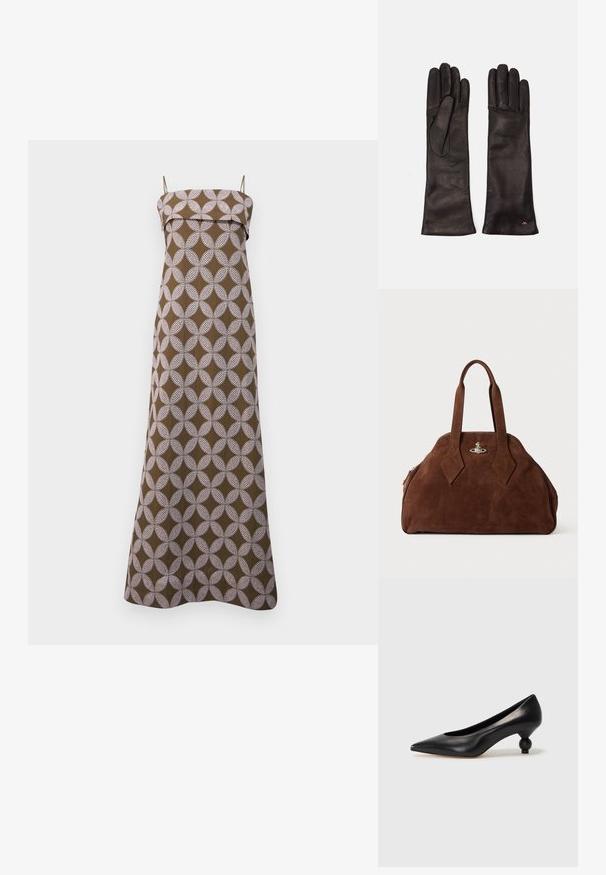Rochie lungă, maro, cu un model circular alb, având bretele subțiri și un decolteu drept. Fabricată dintr-un material ușor, cu un design până la podea.; Pantofii cu toc înalt din piele neagră, cu vârf ascuțit și toc rotund, mimos. Textură netedă, cu un design elegant și minimalist.; Geantă din suede maro, cu o formă structurată, un corp rotund și mânere lungi în formă de diamant. Dispune de o închidere din metal argintiu.; WEEKEND MaxMara SENAPE - Mănuși - nero