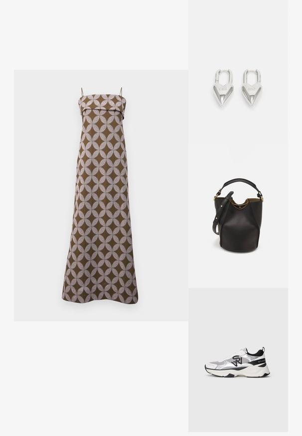 Dlhé hnedé šaty s bielym kruhovým vzorom, s tenkými ramienkami a rovnou výstrihom. Vyrobené z ľahkého materiálu, dĺžka až po zem.; Strieborné a biele športové tenisky so sieťovinou a syntetickým materiálom, polstrovaným golierom, čiernymi akcentmi a masívnou podrážkou. Čierny logotyp na boku.; Čierna kožená vedro taška s textúrovaným povrchom, zlatými kovovými detailami a otvoreným vrcholom. Obsahuje krátku rukoväť a nastaviteľný ramenný popruh.; Strieborné zámky v tvare srdca so vygravírovanými nápismi "ÁNO" a "NIE", leštený povrch, symetrický dizajn a robustný kovový uzáver.