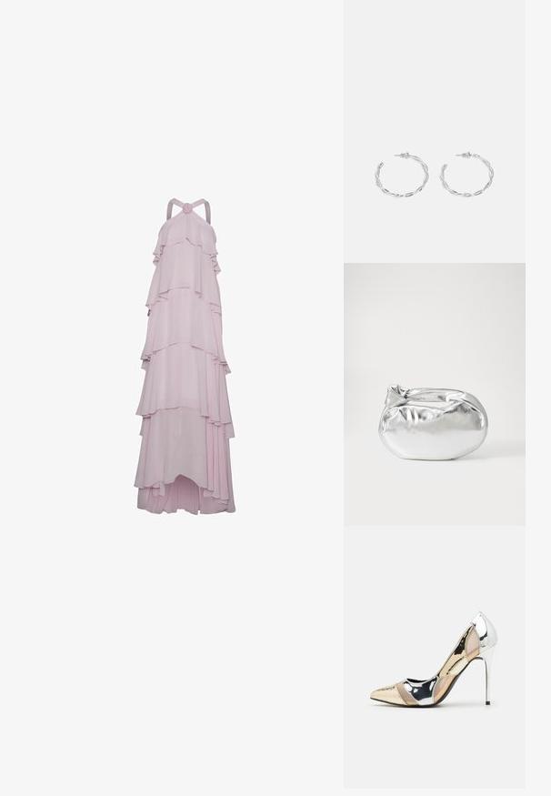 Garšs rozā kleita no plūstoša auduma, ar vairākiem slāņiem ielocēm, haltera kakla dizains un apļa akcents ap kaklu.; Apspīlēta augstpapēžu kurpe ar zeltītu, sudrabi un neitrālu krāsu kombināciju. Spīguļojoša virsma ar izgriezuma dizainu, aprīkota ar stiletto papēdi.; Sudraba metāliska poga somiņa ar mīkstu, noapaļotu formu un mezgla augšējo aizdari. Izgatavota no gludas mākslīgās ādas materiāla.; Sudraba gredzenveida auskari ar savītu dizainu, kas ir ar pulētu apdari un ar aizmugurēju fiksāciju. Izmērs ir aptuveni 3 cm diametrā.