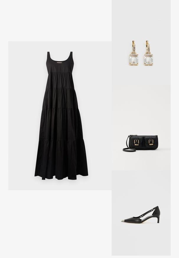 Svart maxiklänning med rundad halsringning och lagerdesign. Tillverkad av mjukt tyg, med samlade sömmar och en flödande silhuett.; Svart läder kitten heel med spetsig silver-tåhätta och dubbla remmar med spänne på vit bakgrund.; Svart läderaxelväska med två framfickor, guldspännen, dragkedjestängning och en smal rem. Texturerad yta och kompakt rektangulär form.; Guldtonade örhängen med en rektangulär, klar kristall som hänger under en rad av små, runda klara accenter. Snygg, modern design.