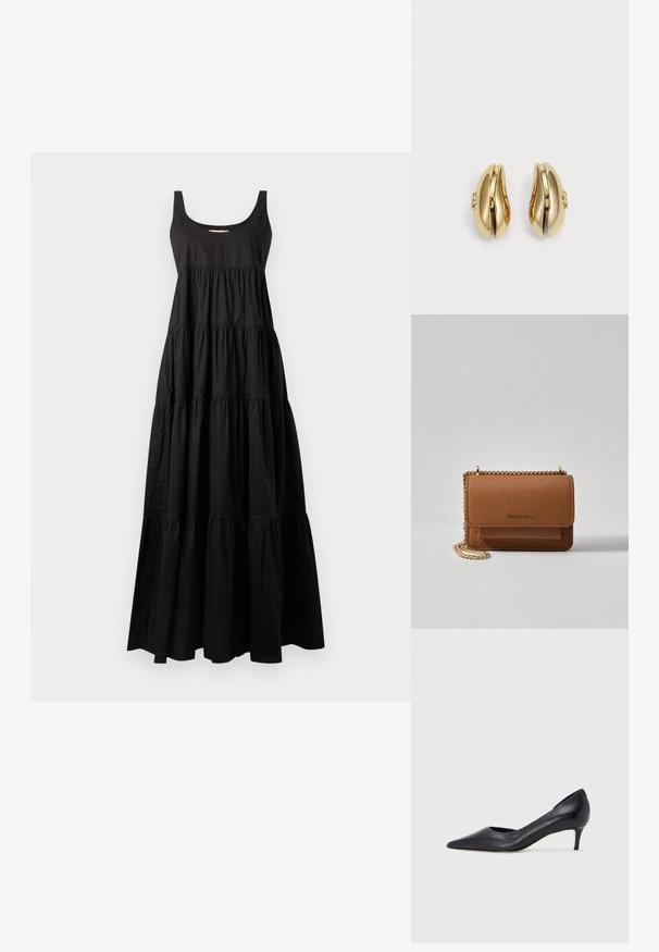 Juodas maxi suknelė su apykakle ir sluoksniuota konstrukcija. Pagaminta iš lygaus audinio, su raukšlėmis ir laisvai krentanti siluetu.; Juodi odiniai aukštakulniai su smailiu priekeliu ir žemu kulnu. Turi lygią tekstūrą ir subtilų blizgesį. Priekyje yra atvira anga, suteikianti papildomo detalių.; Ruda tekstūruota odinė per petį nešama rankinė su auksiniu grandininiu dirželiu ir užlenkiamo užsegimo. Priekinėje pusėje yra logotipo detalė ir kišenė po užlenkimu.; Aukso spalvos auskarai su srauniu, kreiviu dizainu. Kiekvienas auskoras turi lygų paviršių ir mažą užsegimą su dekoratyviu akcentu.