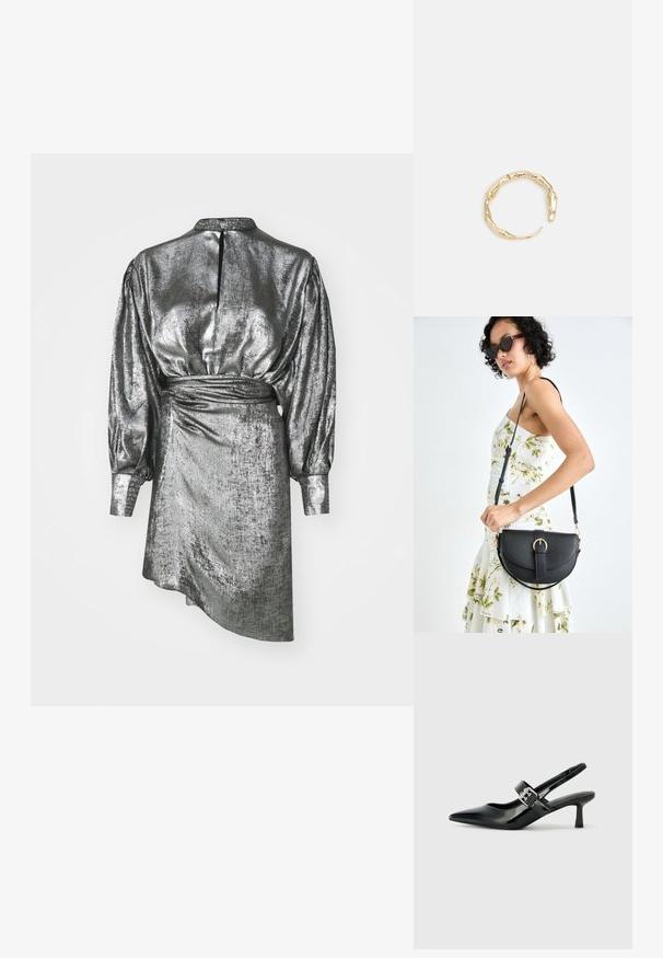 Metalna srebrna haljina s visokim ovratnikom, dugim napuhanih rukavima i asimetričnom šinom, koja se ističe teksturiranom tkaninom i zatvaranjem na leđima.; Crne lakirane slingback potpetice s oštrim prstom i malom blok petom, s naglaskom na srebrnoj kopči na remenu.; Crna kožna torba s lukovitim oblikom, odvojivim remenom i zlatnim detaljima. Torba ima preklop s kopčom.; Prsten u zlatnoj nijansi s organskim, uvijenim dizajnom, glatkom teksturom i suženim krajevima, koji stvara moderan, skulpturalni izgled.