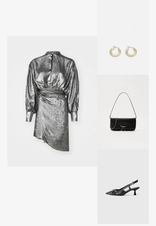 Metalická stříbrná šaty s vysokým límcem, dlouhými nadýchanými rukávy a asymetrickým lemem, vyrobené z texturované látky a s zadním zapínáním.; Černé kožené slingback boty s špičatou špičkou, dekorativními pásky s kovovými očky a nízkým blokovým podpatkem. Texturovaný povrch.; Černá kožená kabelka se stříbrným řetízkovým popruhem, zdobená dekorativními křídly a bílým prošíváním podél spodního švu.; Lauren Ralph Lauren BASIC SMALL HOOP - Náušnice - gold-coloured