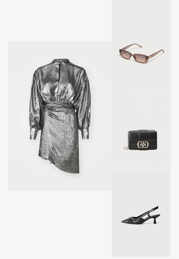 Fémes ezüst színű ruha magas gallérral, hosszú puffos ujjakkal és aszimmetrikus aljjával, texturált anyagból, hátul záródással.; Fekete bőr slingback cipő hegyes orral, dekoratív pántokkal, fém szemekkel és alacsony blokk sarkú. Texturált felület.; Barna árnyalatú napszemüveg, téglalap formájú lencsékkel és karcsú kerettel. Fényes felület jellemzi, oldalt diszkrét márkajelzéssel.; Fekete bőr kézitáska steppelt dizájnnal, ezüst lánccal, és egy kiemelkedő ezüst "AX" logóval az elején. Kompakt, téglalap alakú.; Fekete fonott zsinór nyaklánc, polírozott arany szív medállal, sima vonalakkal és fényes felülettel.