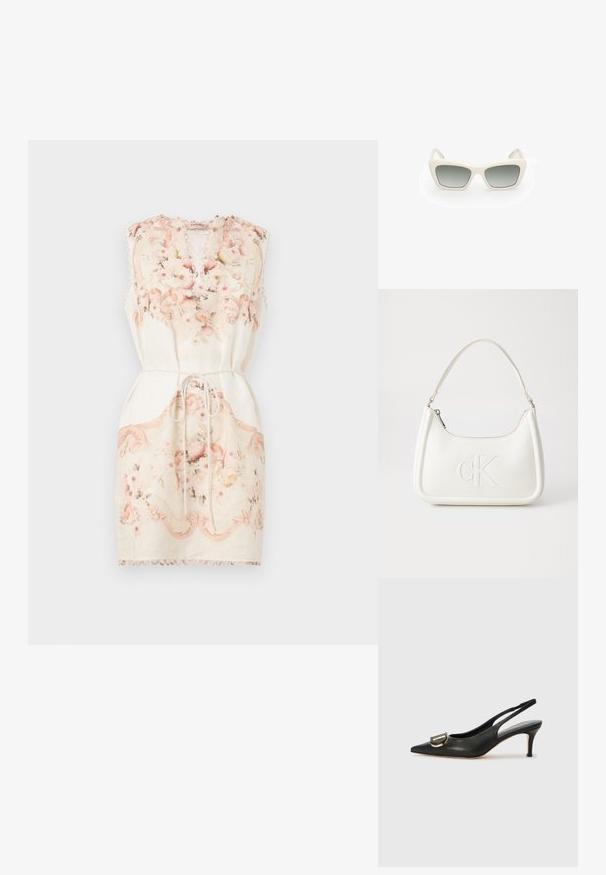 Květinami vyšívané bezrukávové šaty v krémové barvě, s výstřihem do V, stahovací pasem a vroubkovaným spodním okrajem s růžovými detaily a zdobnými vzory.; Černé kožené lodičky na příjemném podpatku s špičatou špičkou, zlatým detailem s přezkou, štíhlým podpatkem a hladkou strukturou. Minimalistický design pro snadné kombinování.; Sluneční brýle s kočičím designem, bílý plastový rám, šedé gradientové čočky a tenké nožičky s jemným detailem značky.; Sluneční brýle s kočičím designem, bílý plastový rám, šedé gradientové čočky a tenké nožičky s jemným detailem značky.; Bílá kožená kabelka s křivkovým tvarem, na přední straně s vyraženým logem "CK" a jediným ramenním popruhem. Zipový uzávěr na vrchu.