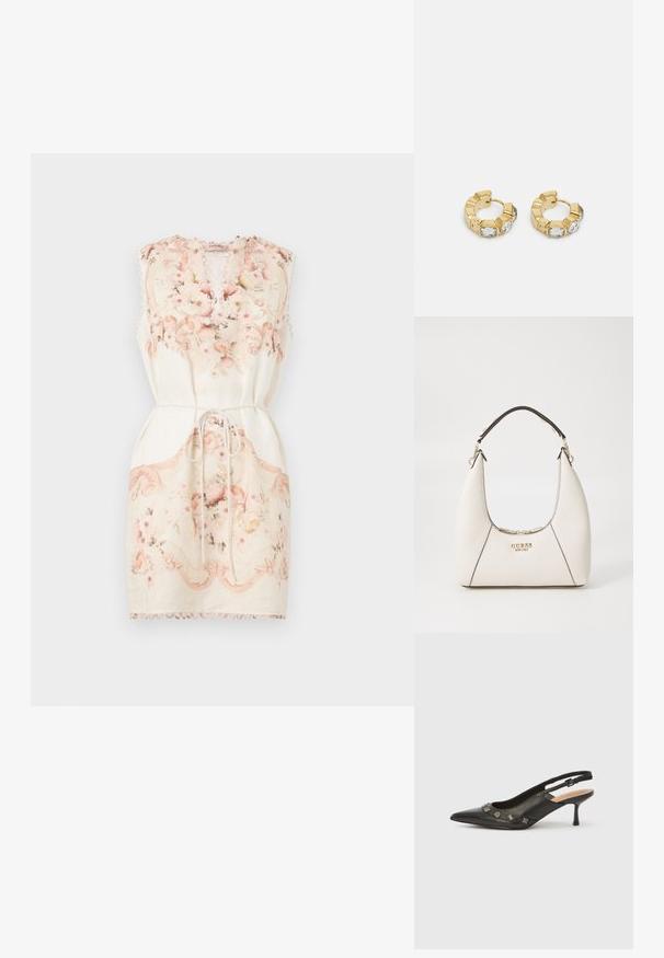 Blommönstrad ärmlös klänning i krämfärg, med v-ringning, dragsko i midjan och vågig nederkant med rosa detaljer och utsmyckade mönster.; Svart läderpumps med slingback, spetsig tå, liten klack och dekorativa metalliska detaljer längs framkanten. Mjuk textur.; Vit texturerad handväska med en böjd silhuett, svarta accenter, guldlogotyp och ett kort handtag. Har en dragkedjestängning med hårdvarudetaljer.; Guld hoops med en texturerad design och tre klara kristallaccentuer på ena sidan, vilket ger en modern geometrisk estetik.