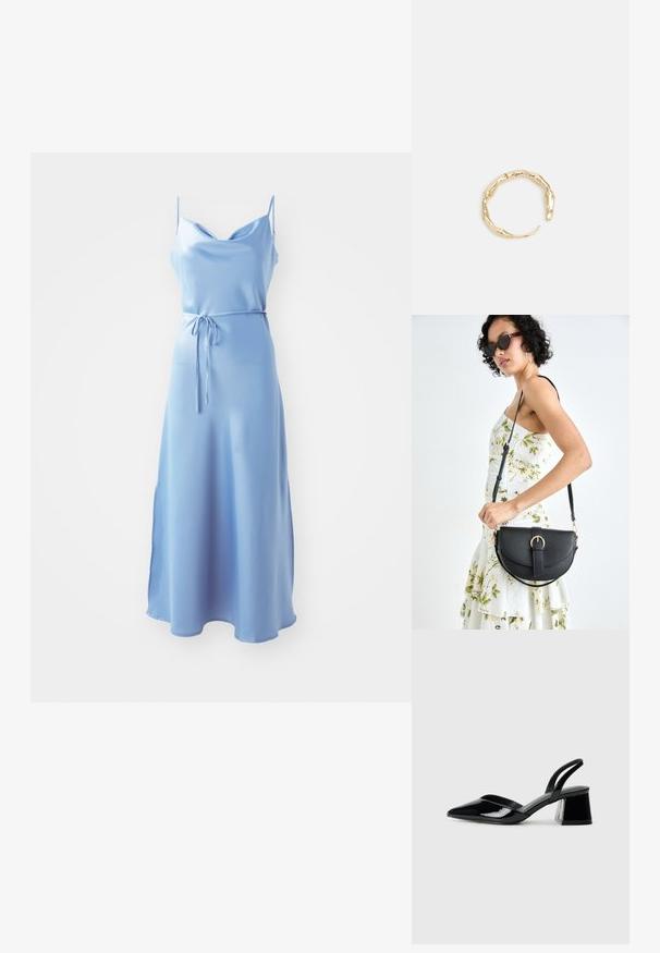 Svijetloplava satenska midi haljina s dubokim izrezom, tankim trakama i vezanjem u struku. Odlikuje se glatkom teksturom i mekim drapiranjem.; Crne lakirane kožne sandale s otvorenom petom i špicastim vrhom, s geometrijskom blok petom. Imaju elegantan, minimalistički dizajn i glatku teksturu.; Crna kožna torba s lukovitim oblikom, odvojivim remenom i zlatnim detaljima. Torba ima preklop s kopčom.; Prsten u zlatnoj nijansi s organskim, uvijenim dizajnom, glatkom teksturom i suženim krajevima, koji stvara moderan, skulpturalni izgled.