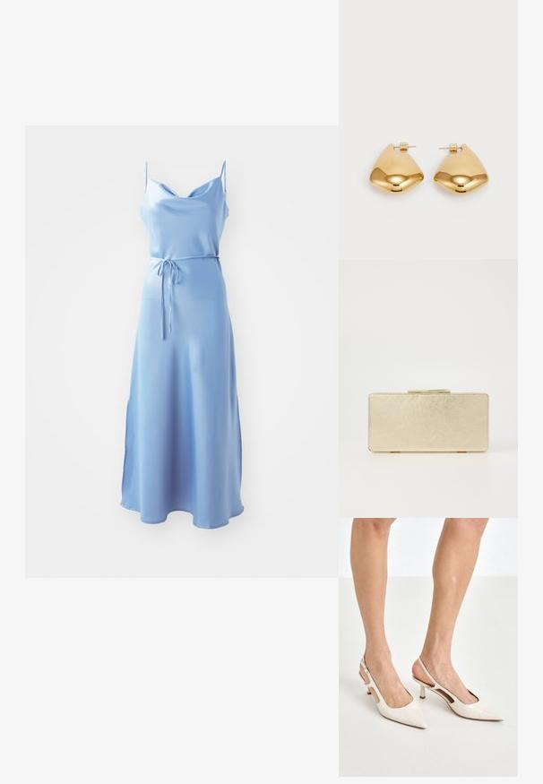 Gaiši zils satīna midi kleita ar dziļu dekoltē, plānām lencēm un jostu ar saišu. Tam ir gluda tekstūra un maigas drapēšanas.; Beidzējo oriģinālo bežējo lakotā ādas kurpju papēžus ar norādītu degunu un 5 cm papēdi, kas iekļauj izgrieztās sānu daļas un plānu potītes siksniņu.; Zelta naudas maciņš ar gludu metālisku apdari, taisnstūra forma un vienkārša aizdare. Nav redzamu rakstu vai rotājumu.; Zelta krāsas metāla auss gredzeni ar gludu, apaļu trīsstūra formu un āķa aizmuguri; atstarojoša virsma ar minimālu apdari.