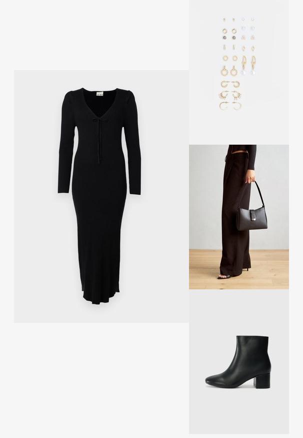 Rochie neagră din tricot cu nervuri, cu mâneci lungi, decolteu în V și detaliu cu fundă în față. Oferă un design ajustat și o fustă evazată.; Cizme negre din piele până la gleznă, cu vârf ascuțit și toc robust. Textură netedă, cu accente minime și un design elegant, ajustat.; Genți negre cu o formă structurată, textură netedă și un închizător metalic. Asortată cu pantaloni negri largi și sandale cu vârf deschis pe un podea din lemn.; Set de cercei aurii, cu diverse designuri, inclusiv cercei tip stud, cercei hoop și cercei lungi cu perle și strassuri.