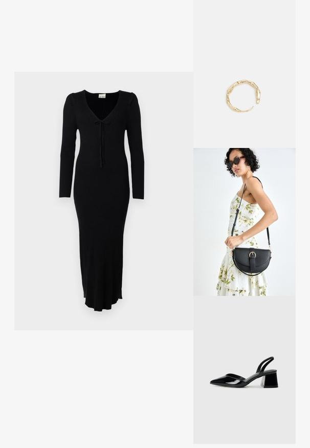 Črna rebrasta pletena obleka z dolgimi rokavi, v izrezu v obliki črke V in dodatkom v obliki mašne spredaj. Ima oprijet kroj in razširjen rob.; Črne lakirane slingback pete s koničastim nosom in geometrijsko blokasto peto. Imajo eleganten, minimalističen dizajn in gladko teksturo.; Črna usnjena torbica s ukrivljeno obliko, z odstranljivo naramnico in zlatimi dodatki. Torbica ima pokrov s podrobnostmi v obliki zaponke.; Zlati prstan s organskim, zvitim dizajnom, gladko površino in taperiranimi konci, ki ustvarja modernega, skulpturalnega videza.