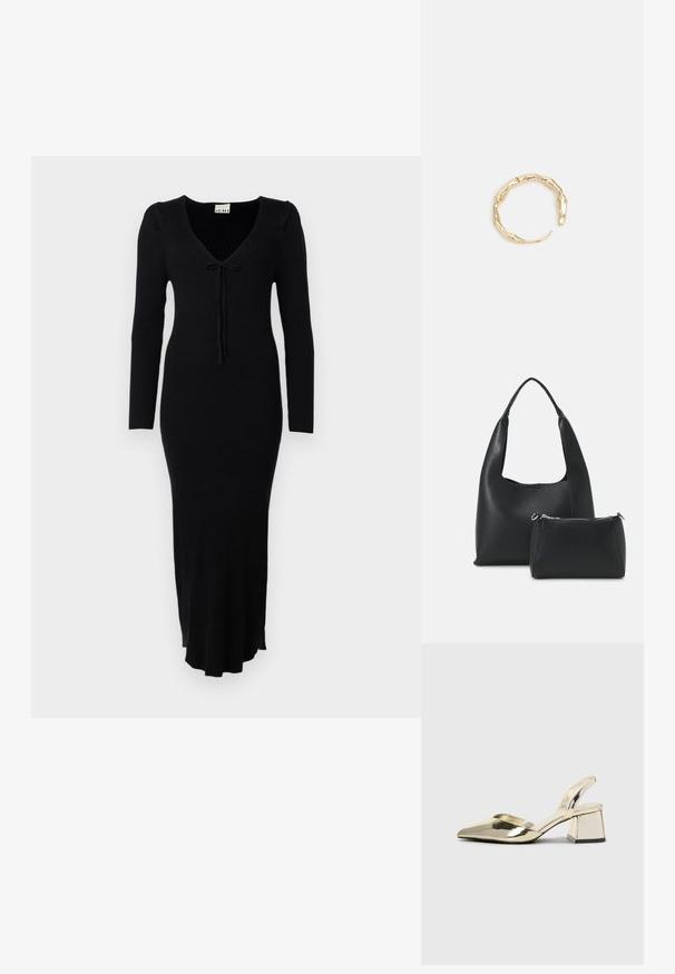 Črna rebrasta pletena obleka z dolgimi rokavi, v izrezu v obliki črke V in dodatkom v obliki mašne spredaj. Ima oprijet kroj in razširjen rob.; Zlati, kovinski slingback čeveljci z ostrim nosom in masivnim peto. Gladka tekstura, minimalistična zasnova in ozka zanka.; Even&Odd Torbica - black; Zlati prstan s organskim, zvitim dizajnom, gladko površino in taperiranimi konci, ki ustvarja modernega, skulpturalnega videza.