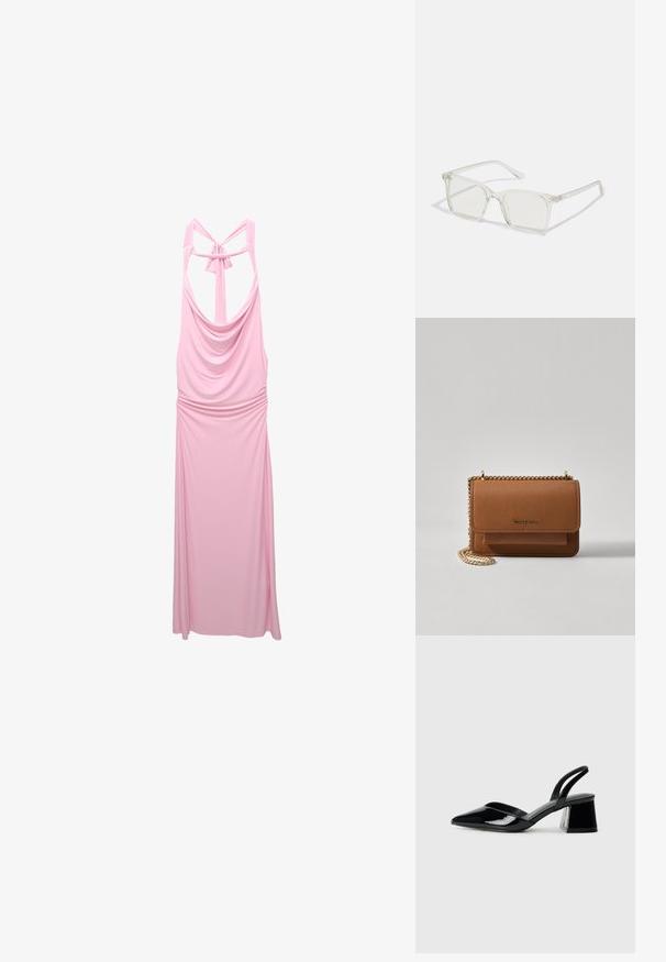 Robe sans manches rose en tissu doux, dotée d'un col drapé, d'une taille froncée et d'un détail croisé au dos avec un lien.; Escarpins en cuir verni noir avec bout pointu et talon bloc géométrique. Présente un design élégant et minimaliste ainsi qu'une texture lisse.; Lunettes carrées en plastique transparent avec des verres translucides, dotées d'accents dorés sur les branches pour plus de détails.; Sac en cuir texturé marron en bandoulière avec une sangle en chaîne dorée et une fermeture à rabat. L'avant présente un détail de logo et une poche sous le rabat.