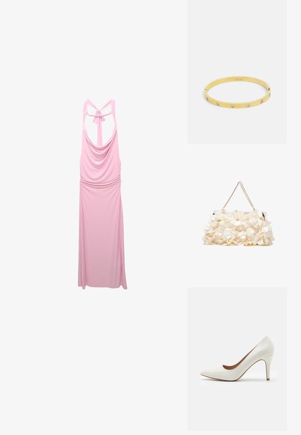 Rosa ärmelloses Kleid aus weichem Stoff, mit einem Schalkragen, geraffter Taille und einem Überkreuz-Rücken-Detail mit einer Schleife.; Weiße Lackleder-Pumps mit spitzer Zehenform und glatter Oberfläche, ausgestattet mit einem schmalen Absatz und einem niedrigen Schnitt um die Öffnung.; Weißes Blumenhandtasche mit einer gerafften Stoffoberfläche, goldfarbener Kettenriemen und metallischem Verschluss. Mit strukturierten Blütenblättern für zusätzliche Details.; Das goldene Armreifarmband zeichnet sich durch ein glattes, elegantes Design aus, das fünf klare Strasssteine gleichmäßig entlang des Bandes anordnet. Mit eingraviertem Logo.