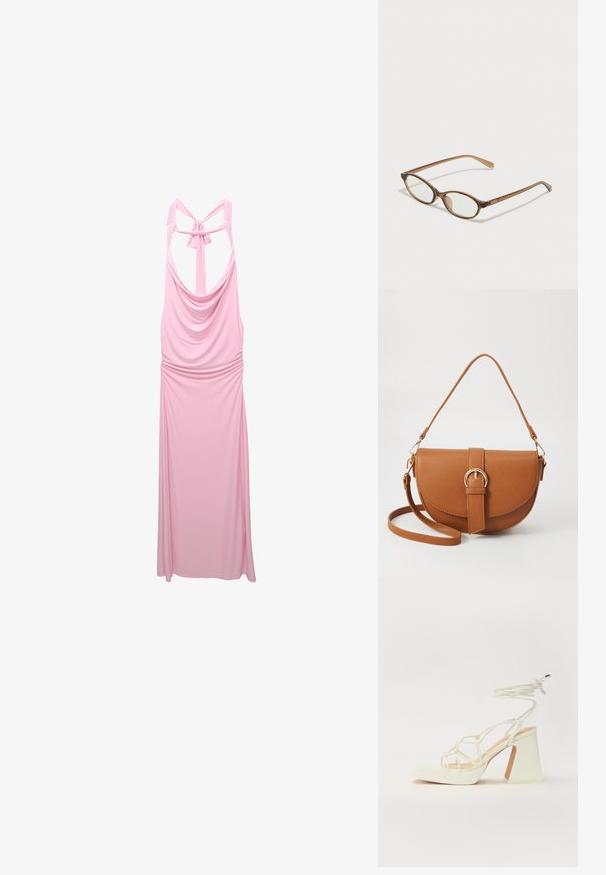 Roze mouwloze jurk van zachte stof, met een draperende halslijn, eenGathered taille en een gekruiste achterkant met een strik.; Witte hoge hakken sandaal met een chunky hak, met een bandjesontwerp en enkelband. Gladde textuur met een plateau voor extra hoogte.; Bruine schildpadbril met ovale lenzen, dunne armen en transparante accenten. Heeft een subtiele logo op de tempel. Strak, lichtgewicht ontwerp.; Bruine leren schoudertas met een gebogen vorm, gouden hardware en een gespaccent. Bevat een afneembare schouderriem.