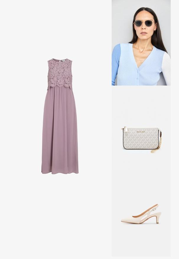 Maxi kjole i dempet lavendel, med en blonde bodice og uten ermer. Flytende stoff med en subtil glans og innsamlet midjedetalj.; Hvit slingback-hel med spiss tå, glatt overmateriale, lav blokkhelt, og cut-out-design på siden med justerbar spenne.; Runde solbriller med mørke linser og guldrammer. Modellen har en lyseblå, ribbet cardigan med knapper og kontrast hvide ærmer på.; Michael Kors håndleddsveske i beige belagt kanvas med et gjentakende MK-logo mønster, gullfarget maskinvare og en avtakbar kjede-rem.