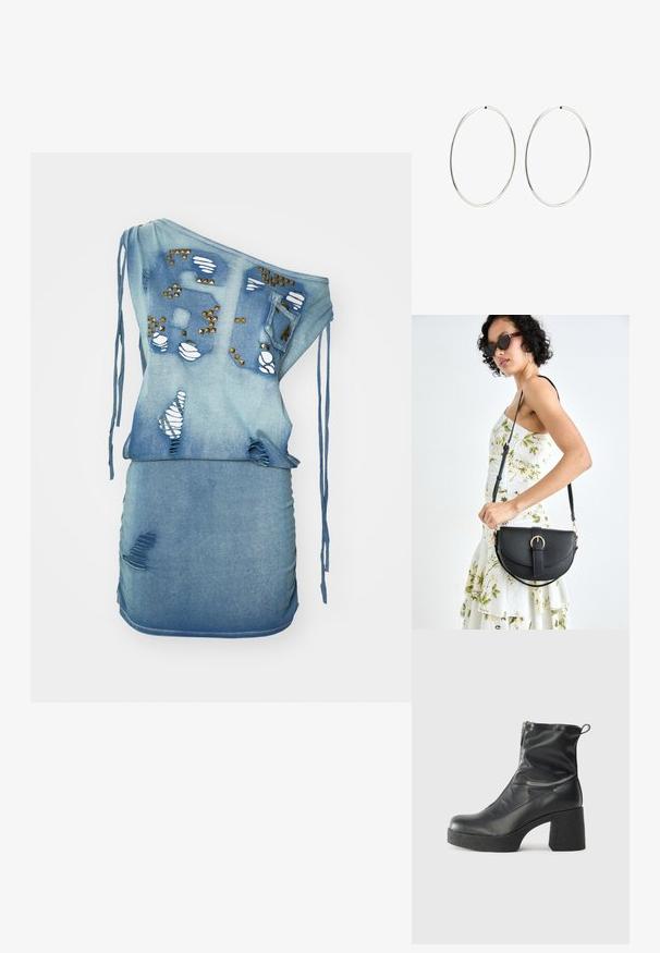 Denim dress with one shoulder design, light blue color, distressed with rips, decorative studs, and drawstring accents. Form-fitting silhouette.; Black ankle boots made of smooth leather, featuring a side zipper, chunky textured heel, and rounded toe design.; Black leather handbag with a curved shape, detachable strap, and gold hardware. The bag features a flap with a buckle detail.; Silver hoop earrings with a smooth, round design and a polished finish. They are thin and lightweight, featuring a simple clasp closure.