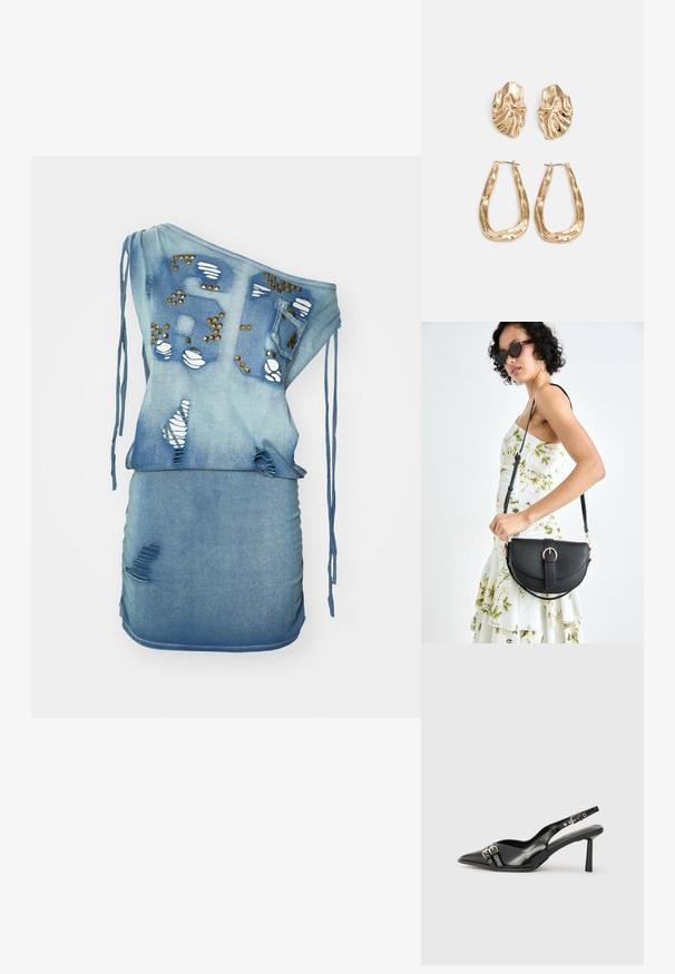 Denim suknelė su viena petimi, šviesiai mėlynos spalvos, nusidėvėjusi su išplyšimais, dekoratyviniais kniedėmis ir raištelių akcentais. Tvirtai prigludusi siluetas.; Juodas lakuotas odinis batelis su smailiu pirštu, kulkšnies dirželiais su sidabrinėmis sagtimis ir detalėmis, bei plonu kulnu.; Juodas odinis krepšys su išlenkta forma, nuimamu dirželiu ir auksiniais detalėmis. Krepšys turi kilpą su sagtimi.; Auksinės auskarai, turintys tekstūruotus, bangų formos elementus. Įeina skulptūriniai segami auskarai ir atviri lankai su išmuštu paviršiumi.