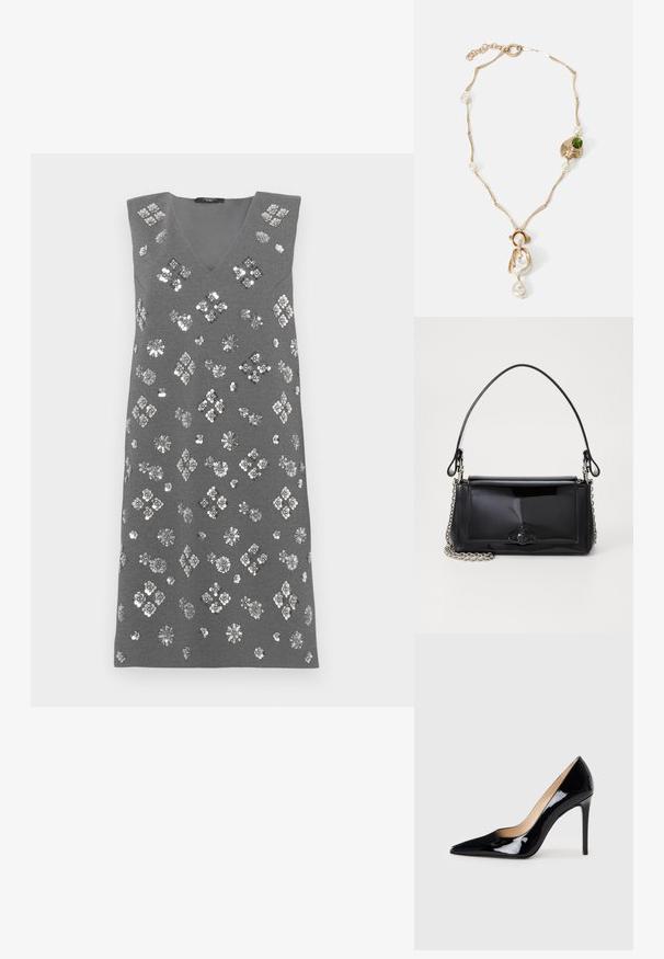 Pilkas be rankovių suknelė su V iškirpte, papuošta sidabriniais blizgučiais, kurie sudaro gėlių ir deimantų raštus ant audinio.; Juodas lakinės odos aukštakulnis batelis su smailiu priekiu ir elegantiška siluetu. Pasižymi lygiu, blizgiu paviršiumi ir siauru stiletto kulnu.; Juodas lakinės odos rankinės ilgis stačiakampis, su grandinėlės dirželiu ir išskirtiniu metaliniu akcentu centre. Lygus paviršius.; Auksinės spalvos apyrankė su susuktomis grandinėmis, baltais perlais ir žaliuoju akmeniu. Pasižymi sudėtingais detalėmis ir užsegimu.